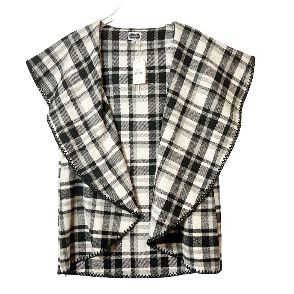 Mud Pie West Plaid Blanket Vest Black & Cream NWT One Size